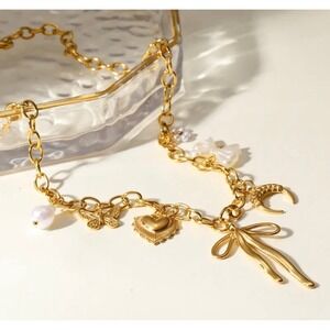 Gold Charm‎ Necklace Bow Heart Pearl Butterfly 18K Plated Trendy
